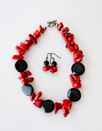 Coral and Onyx Beaded Necklace and Earring Set